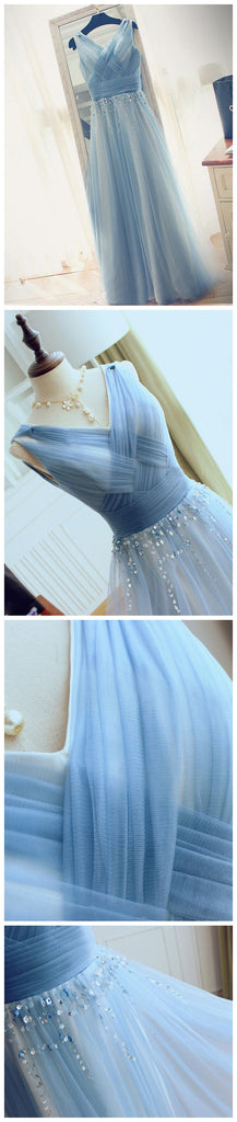 Blue V Neck Tulle Affordable Elegant Formal Long Prom Dresses, WG1007 - Wish Gown