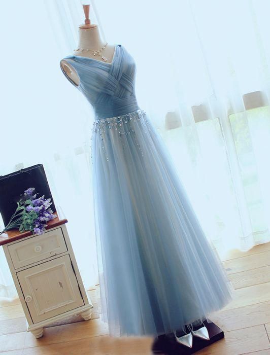 Blue V Neck Tulle Affordable Elegant Formal Long Prom Dresses, WG1007 - Wish Gown