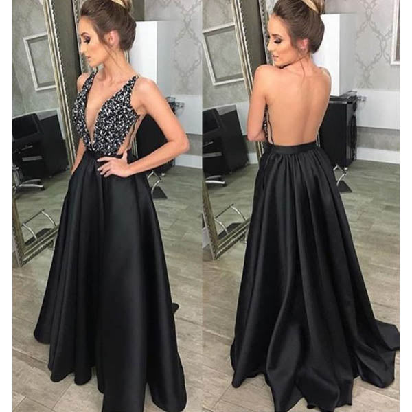 Black Sexy Seen Through Back Cheap Long Evening Prom Dresses, WG1015 - Wish Gown