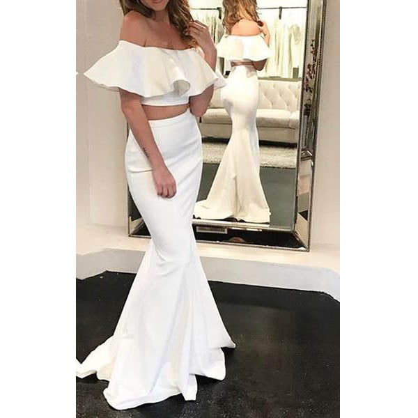 Two Pieces Mermaid Off the Shoulder Sexy Cheap Long Prom Dresses, WG1029