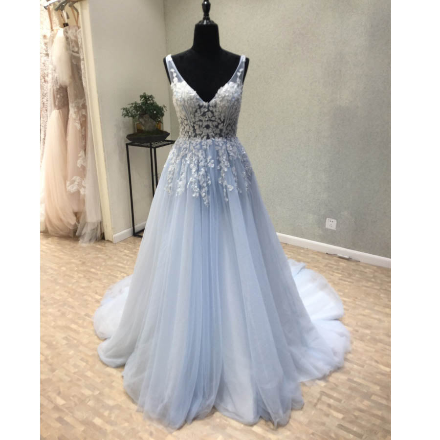 Light Blue V Neck Applique Tulle Inexpensive Long Prom Dresses, WG1045