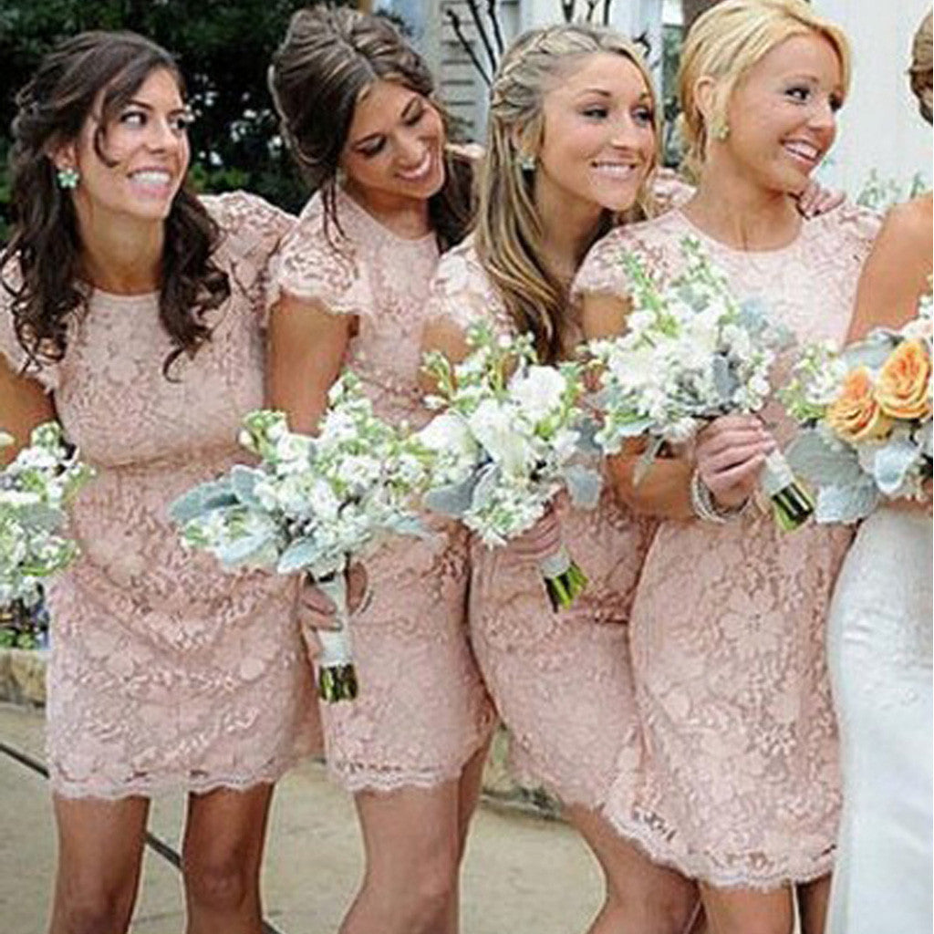 Fashion Cap Sleeve Open Back Small Round Neck Short Lace Blush Pink Mini Cheap Bridesmaid Dresses, WG116 - Wish Gown