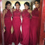 Cheap Popular Red Halter Sexy Mermaid Lace Long Wedding Guest Bridesmaid Dresses, WG125 - Wish Gown