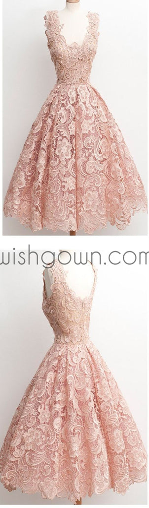 Dark Pink Lace Floral prints Vintage tea length elegant casual homecoming prom dresses,BD00128 - Wish Gown