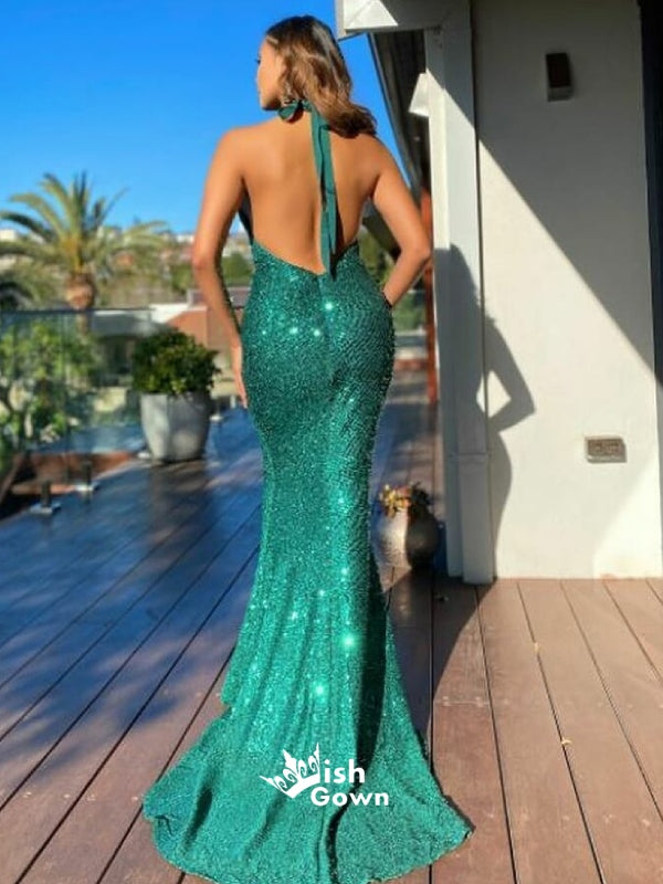Sparkly Sequins Halter Open Back Mermaid Slits Evening Gowns Prom Dresses , WGP147