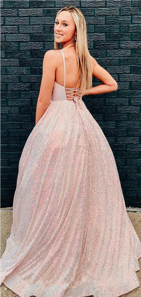 Cute Pink A-line Spaghetti Straps V-neck Maxi Long Evening Prom Dresses, WGP250