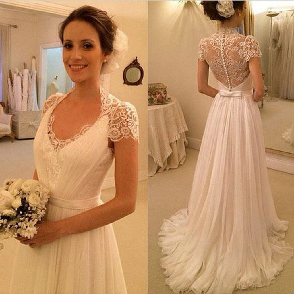 Elegant Cap Sleeve See Through Lace Top Sheath Cheap Wedding Dresses, WD0137 - Wish Gown
