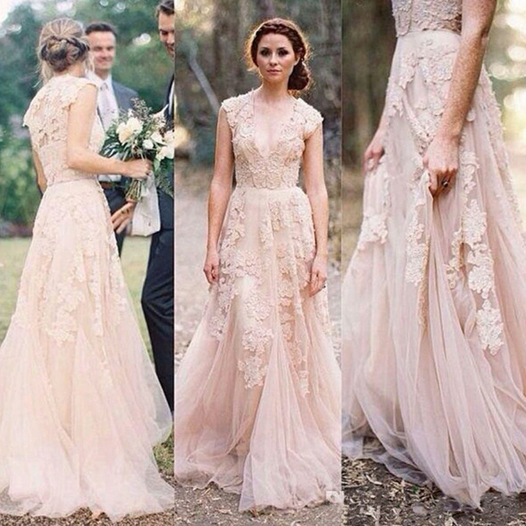 Charming Pink Lace Sexy V-neck Long Sheath Tulle Wedding Party Dresses, WD0139 - Wish Gown