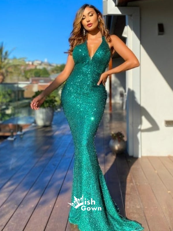 Sparkly Sequins Halter Open Back Mermaid Slits Evening Gowns Prom Dres Wish Gown Sparkly Sequins Halter Open Back Mermaid Slits Evening Gowns Prom Dres Wish Gown
