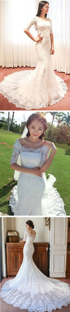 Gorgeous Off Shoulder Half Sleeve Popular Mermaid Wedding Dresses, WD0144 - Wish Gown