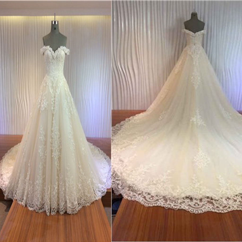 Gorgeous Off Shoulder Sweetheart Zip Up Long A-line Lace Wedding Dresses, WD0148 - Wish Gown