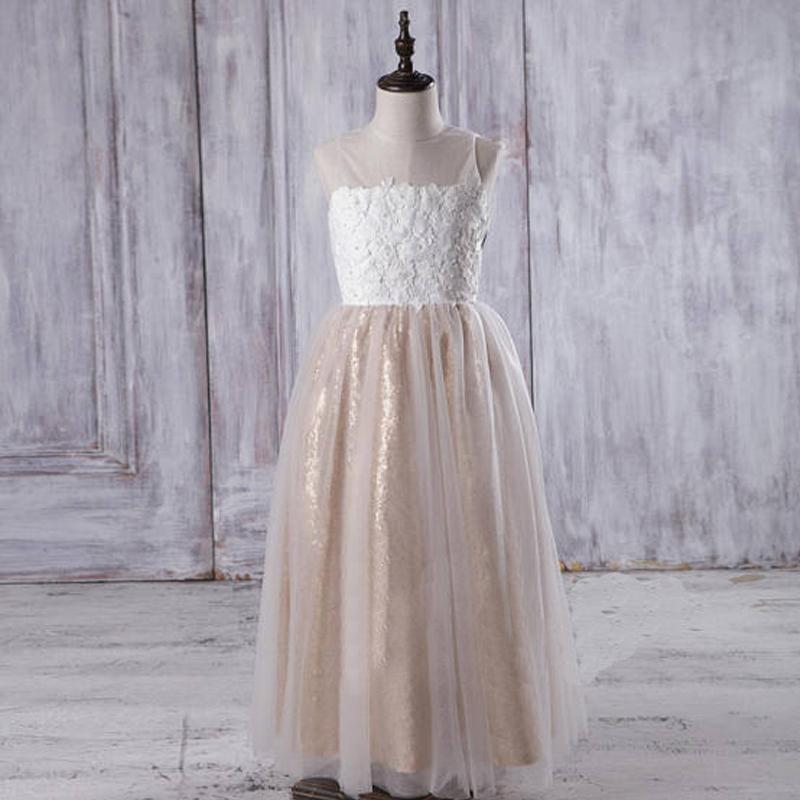 Illusion Ivory Lace Tulle Flower Girl Dresses With Gold Sequin Skirt, Cheap Junior Bridesmaid Dresses, FG060