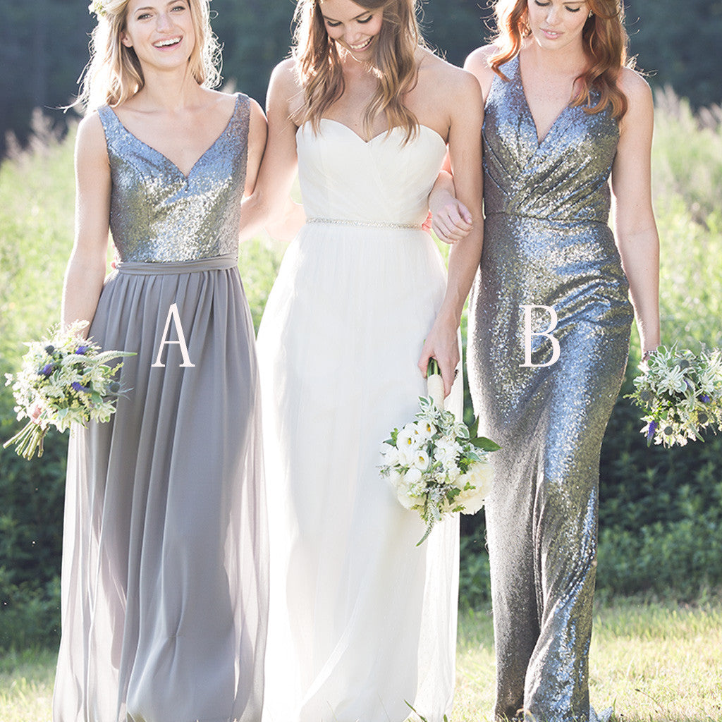 Gorgeous High Quality Mismatched Styles Sequin Long Cheap Wedding Party Dresses, WG161 - Wish Gown