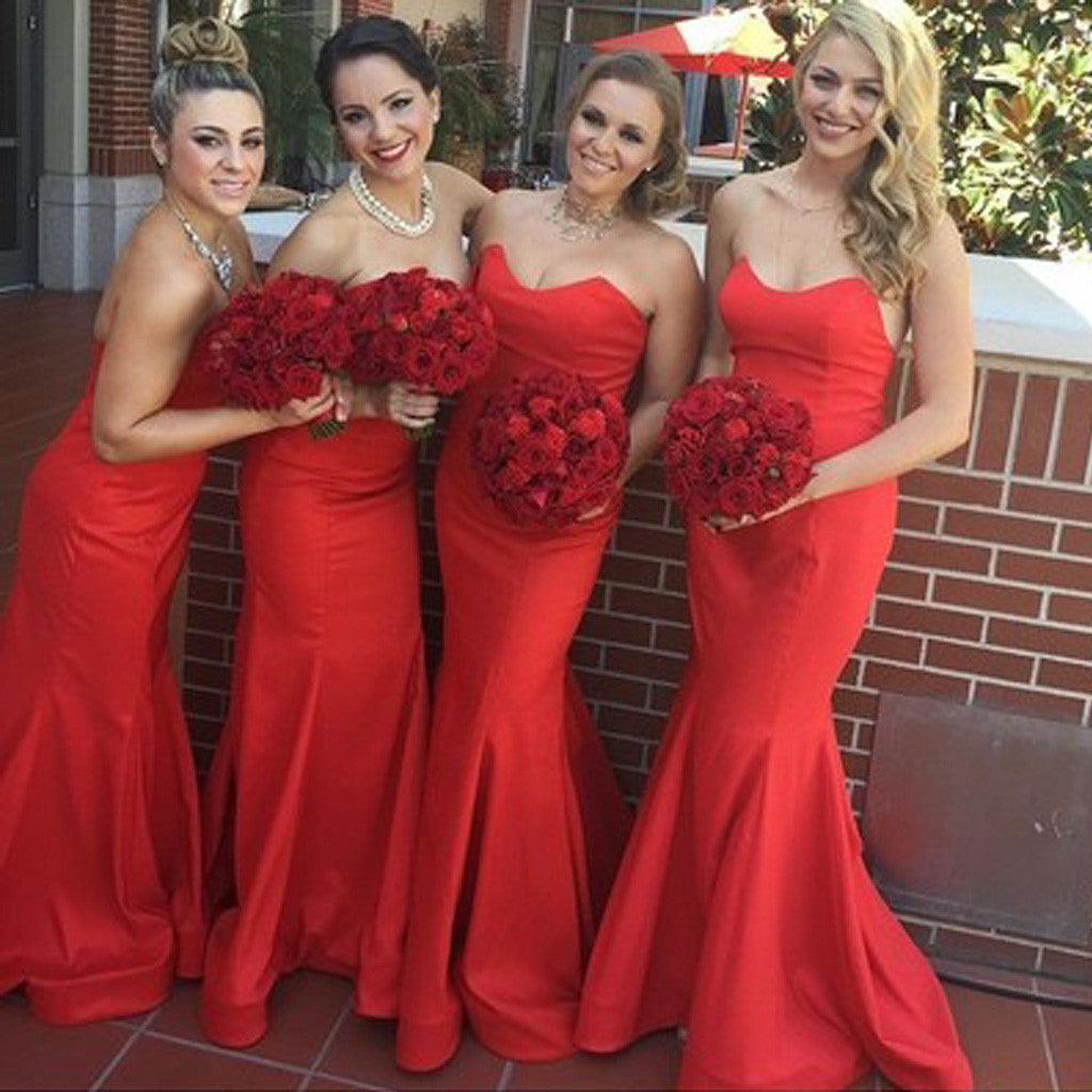 Beautiful Stunning Red Sweet Heart Sexy Mermaid Satin Long Wedding Guest Bridesmaid Dresses, WG164 - Wish Gown
