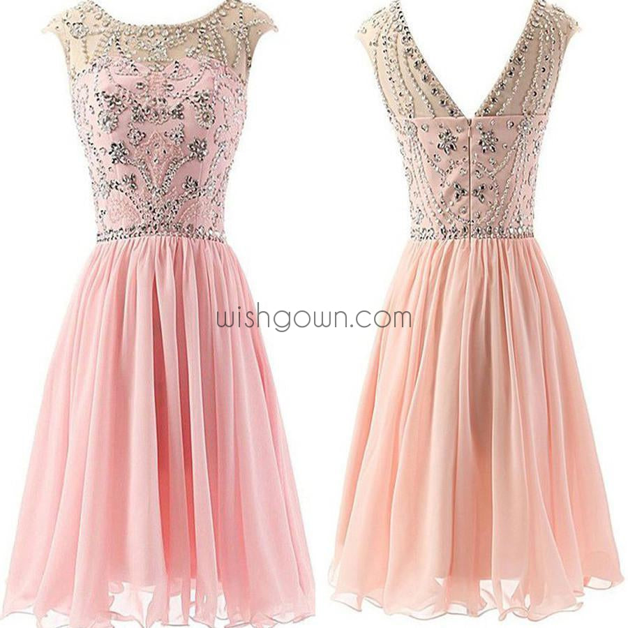 Fashion Blush Pink Beaded Chiffon cute graduation homecoming dresses, BD00194 - Wish Gown