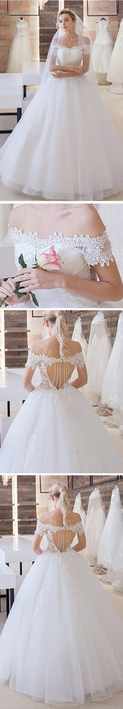 Vantage Off Shoulder Short Sleeve Lace Top Open Back Tulle Wedding Dresses, WD0197