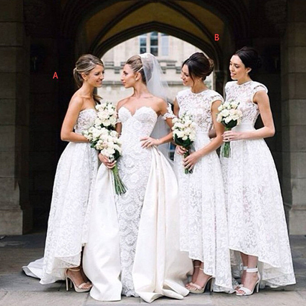 Gorgeous White Lace Mismatched Styles Hi Lo Pretty Long Bridesmaid Dresses for Wedding Party, WG199 - Wish Gown
