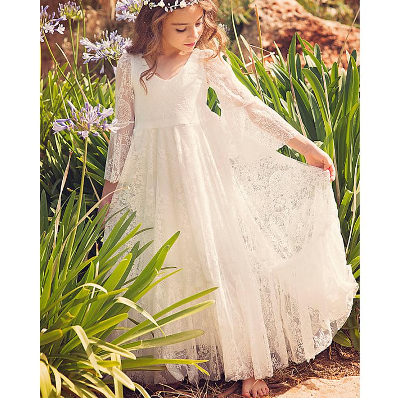 Boho Long Sleeve A-line Lace Flower Girl Dresses, Lovely Little Girl Dresses, FG063 - Wish Gown