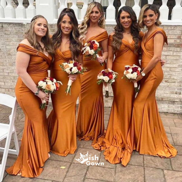Burnt Orange Mermaid Side Split Off Shoulder Satin Wedding Guest Bride Wish Gown Burnt Orange Mermaid Side Split Off Shoulder Satin Wedding Guest Bride Wish Gown