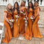 Burnt Orange Mermaid Side Split Off Shoulder Satin Wedding Guest Bridesmaid Dresses, WGM033