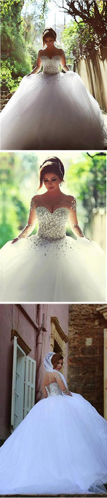 Gorgeous Illusion Long Sleeve Beaded Rhinestone Lace Up Ball Gown Wedding Dress, WD0200 - Wish Gown