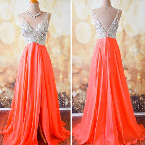 Gorgeous Coral Formal A Line V Neck Side Split Shinning Long Prom Dres Wish Gown Gorgeous Coral Formal A Line V Neck Side Split Shinning Long Prom Dres Wish Gown