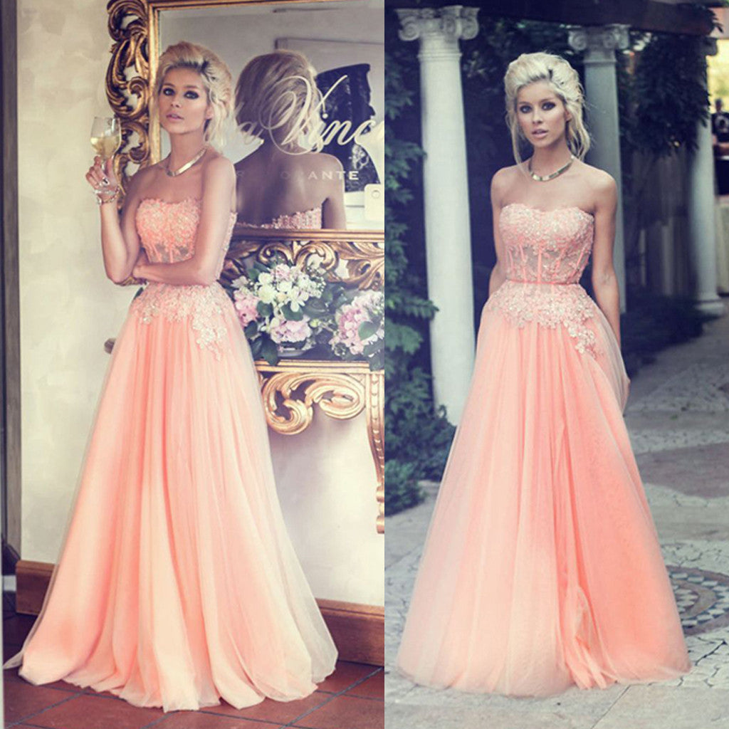 Charming Floor Length Sweet Heart Junior Tulle Affordable Long Prom Dresses with Applique, WG204 - Wish Gown