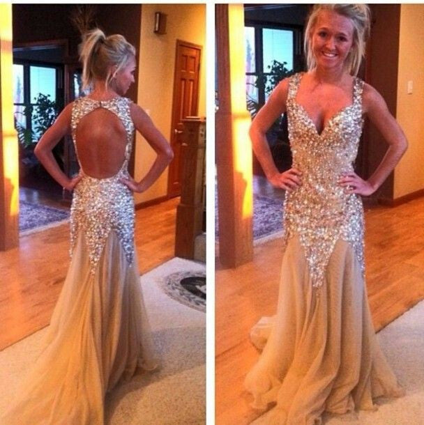 Bling Open Back Golden Mermaid Shinning Gorgeous Evening Party Long Prom Dresses, WG229 - Wish Gown