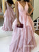 Cute V-neck Pink Ball Gown Long Prom Dresses PG1188