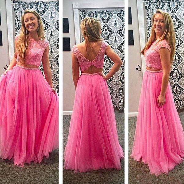 Junior Pretty Two Pieces Lace Pink Tulle Open Back Formal Cheap Long P ...
