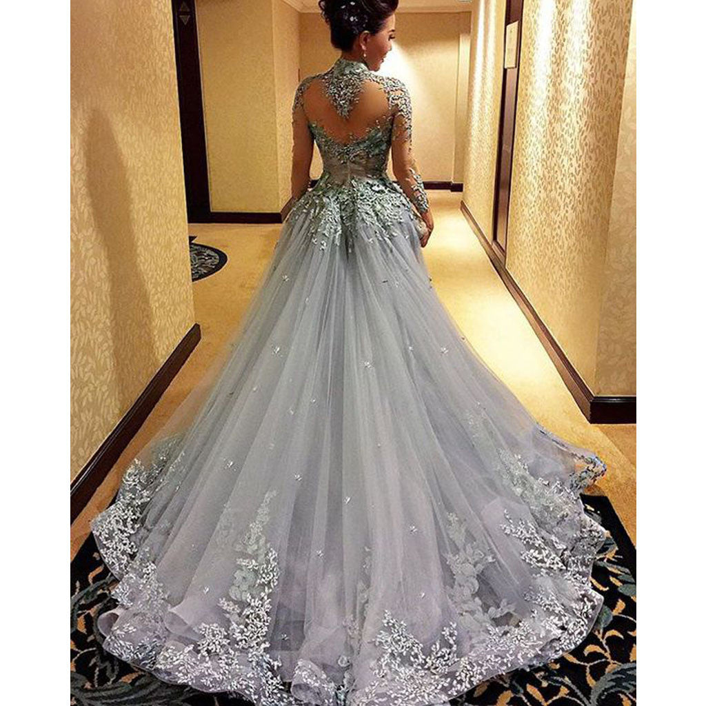 Charming High Neck Long Sleeve See Through Back Grey Affordable Long Prom Dress Gown, WG266 - Wish Gown