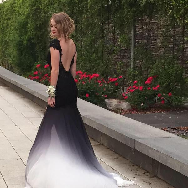 Gradient Black White Short Sleeve Sexy Side Slit Lace Open Back Long P Wish Gown Gradient Black White Short Sleeve Sexy Side Slit Lace Open Back Long P Wish Gown