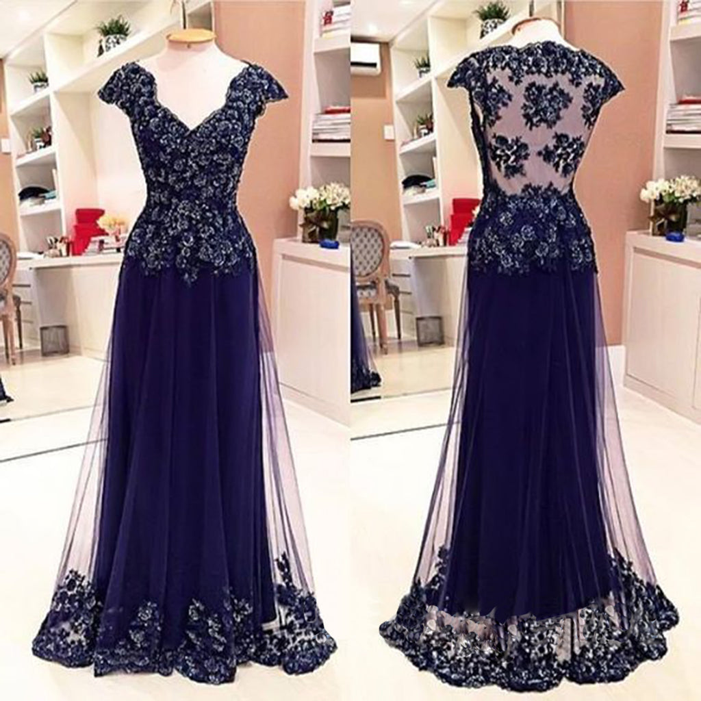 Cap Sleeve See Through Back Elegant Cheap Lace Sexy Long Prom Dresses, WG284 - Wish Gown