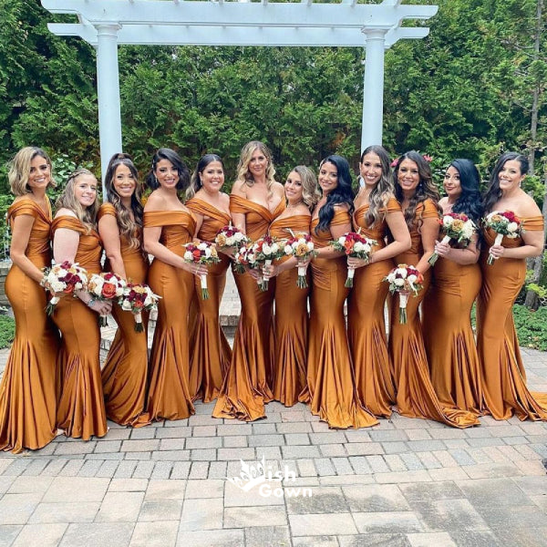 Burnt Orange Mermaid Side Split Off Shoulder Satin Wedding Guest Bride Wish Gown Burnt Orange Mermaid Side Split Off Shoulder Satin Wedding Guest Bride Wish Gown