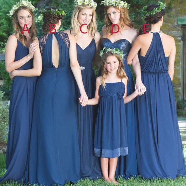 Mismatched Chiffon Sequin Roayl Blue Lace Long Wedding Bridesmaid Dresses, WG365