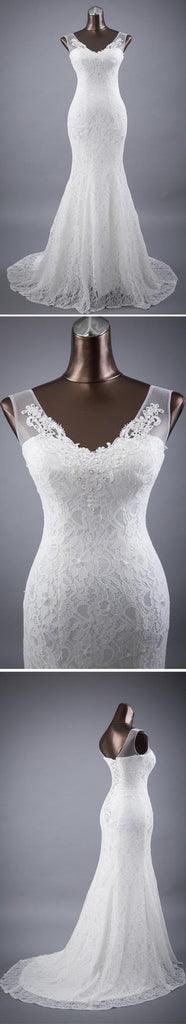 Elegant V-neck Lace Mermaid Wedding Party Dresses, Vantage Bridal Gown, WD0030 - Wish Gown