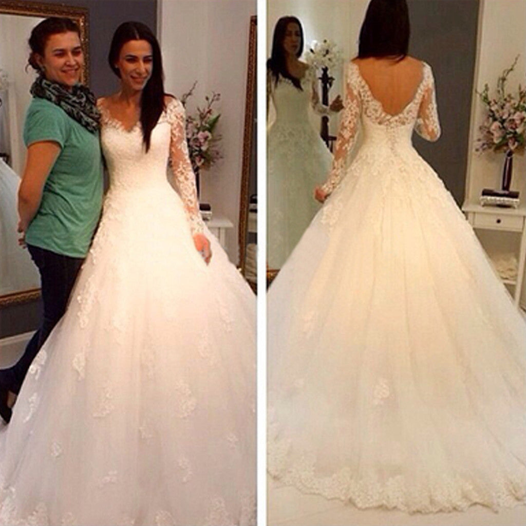 Charming V-Neck Long Sleeve Lace Wedding Party Dresses, Gorgeous Bridal Gown, WD0032 - Wish Gown