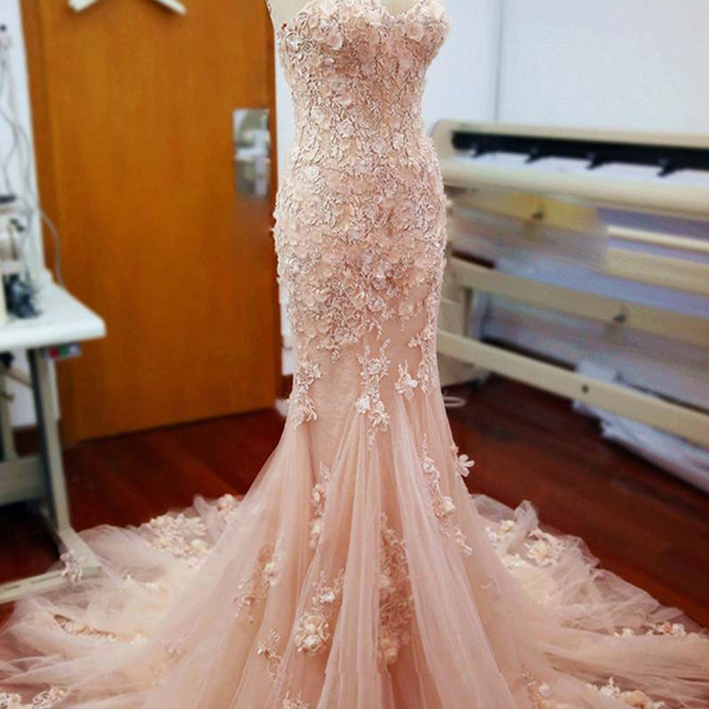 Pink Lace Sweetheart Sexy Mermaid Wedding Party Dresses With Appliques Wish Gown Pink Lace Sweetheart Sexy Mermaid Wedding Party Dresses With Appliques Wish Gown