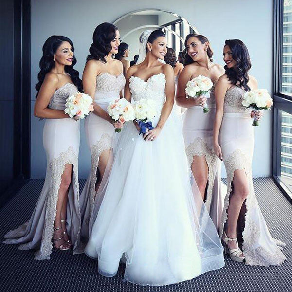 knee length dresses for ladies Affordable Mermaid Sweetheart Long Lace Wedding Bridesmaid Dresses, WG –  Wish Gown