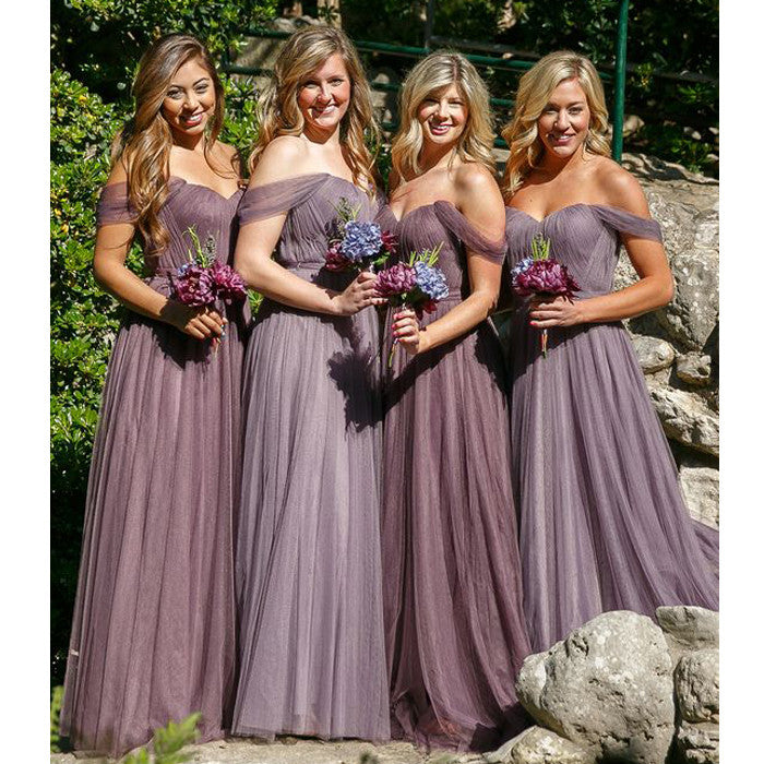 Off the Shoulder Sweetheart Tulle Long Wedding Party Dresses Cheap Charming Bridesmaid Dresses, WG386