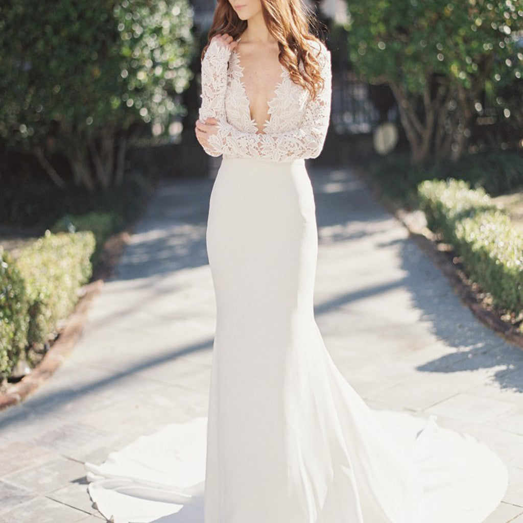 Sexy Deep V-Neck Long Sleeve Lace Top Mermaid Wedding Party Dresses, W Wish Gown Sexy Deep V-Neck Long Sleeve Lace Top Mermaid Wedding Party Dresses, W Wish Gown