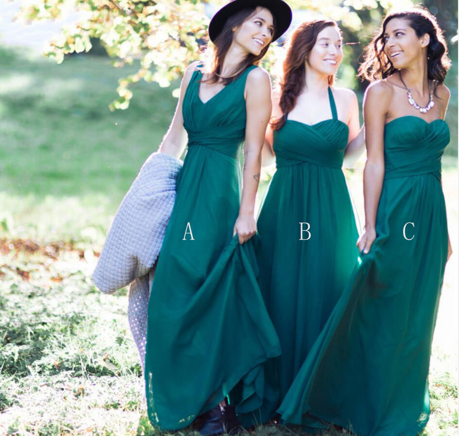 Teal Green Cheap Simple Mismatched Chiffon Floor-Length Long Bridesmaid Dresses, WG391
