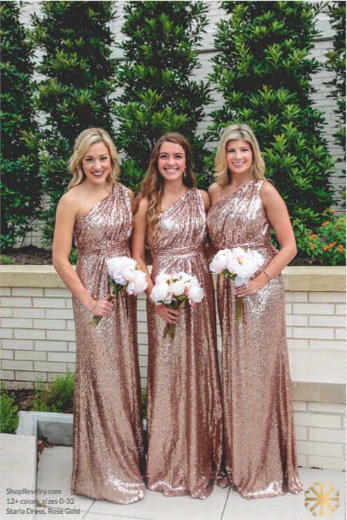 One Shoulder Rose Gold Sequin Popular Cheap Long Wedding Bridesmaid Dresses, WG394