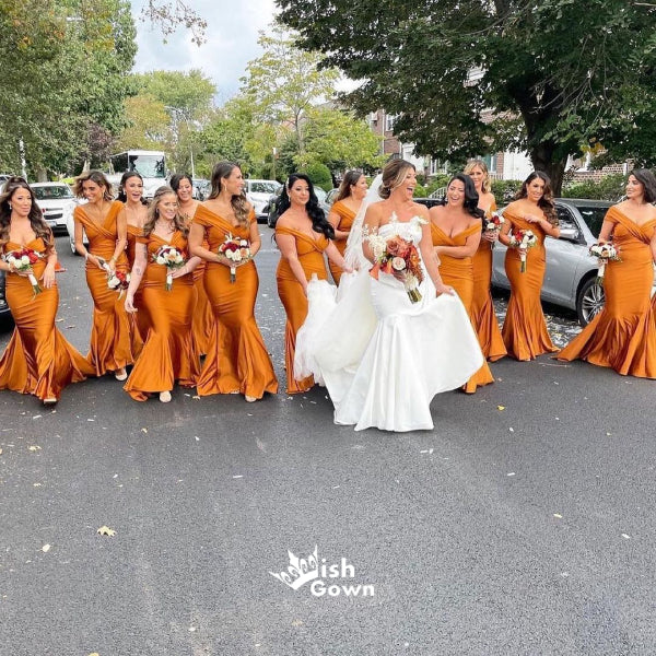 Burnt Orange Mermaid Side Split Off Shoulder Satin Wedding Guest Bride Wish Gown Burnt Orange Mermaid Side Split Off Shoulder Satin Wedding Guest Bride Wish Gown