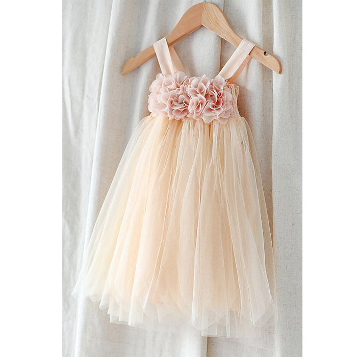 Sweet Sequin Top Tulle Appliques Long Flower Girl Dresses With Bow, FG001