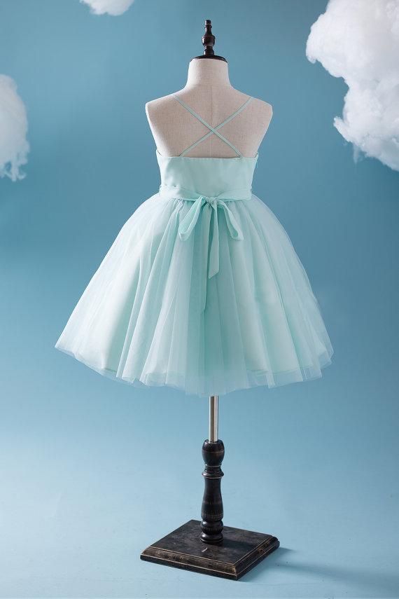 Cute Tiffany Blue Spaghetti Tulle Satin Flower Girl Dresses, Cheap Pop Wish Gown Cute Tiffany Blue Spaghetti Tulle Satin Flower Girl Dresses, Cheap Pop Wish Gown