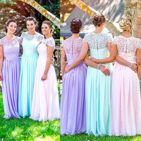 Cap Sleeve Small Round Neck Chiffon Lace Top Long Bridesmaid Dresses, WG409 - Wish Gown
