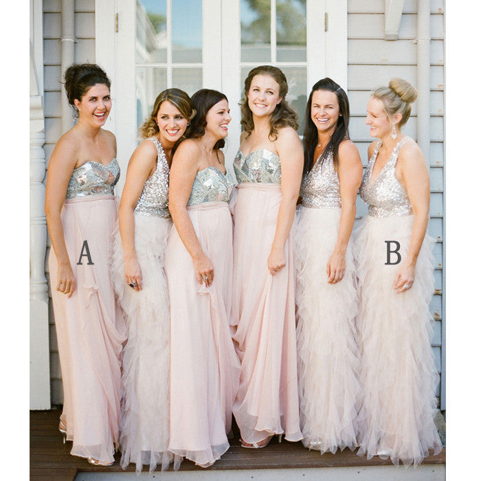 Unique Blush Pink Shinning Top Affordable Long Bridesmaid Dresses, WG410