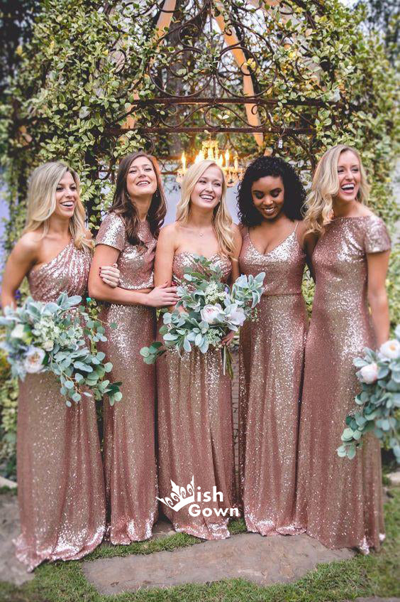 Rose Gold Sequin Mismatched Long Wedding Bridesmaid Dresses, WG415 Wish Gown Rose Gold Sequin Mismatched Long Wedding Bridesmaid Dresses, WG415 Wish Gown