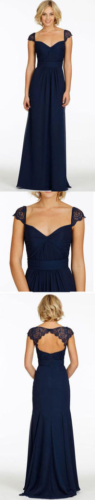 Cap Sleeve Open Back Lace Sweet Heart Chiffon Navy Blue Formal Cheap Bridesmaid Dresses, WG43 - Wish Gown